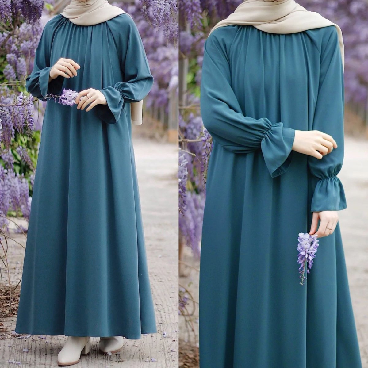 Bell Sleeve Chiffon Abaya | Round Neck Pocket Maxi Dress(MA363) - Mariam's Collection