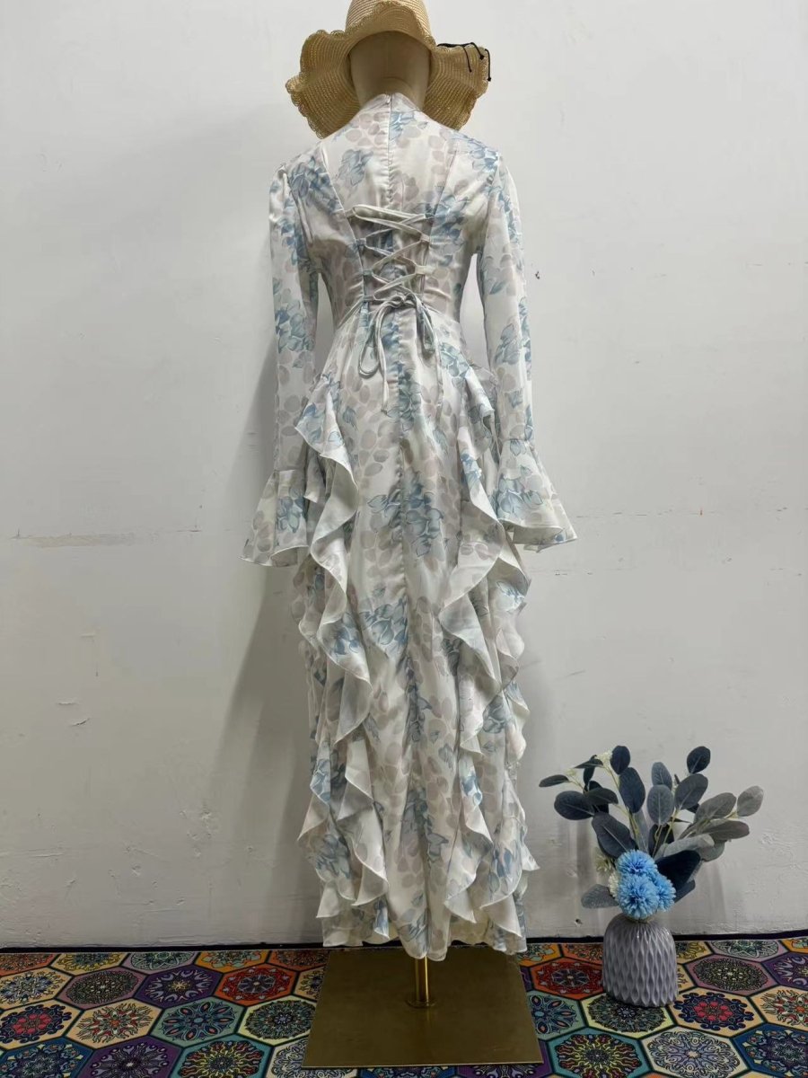 Bell Sleeve Floral Print Satin Lace - Up Back Long Sleeve Modest Abaya. (MA165) - Mariam's Collection