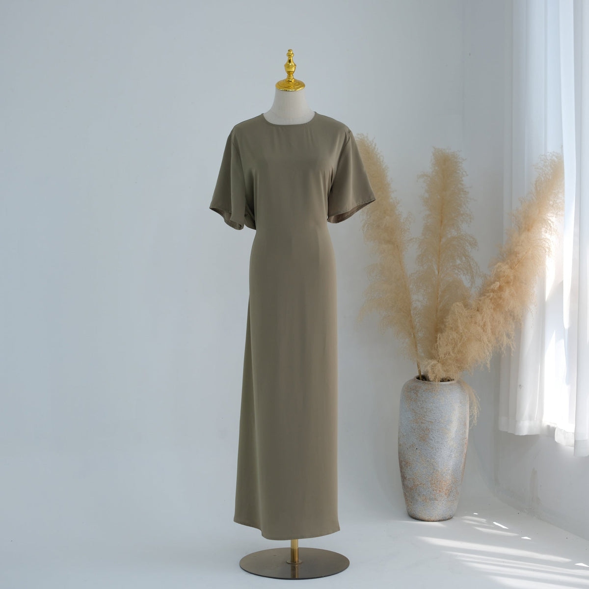 Belted Inner Maxi Dress | Minimalist Mid-Sleeve Layering Dress(MS568) - Mariam's Collection