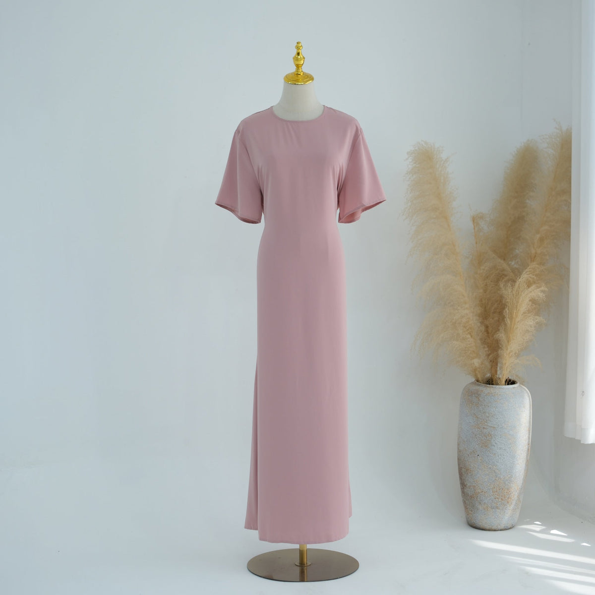 Belted Inner Maxi Dress | Minimalist Mid-Sleeve Layering Dress(MS568) - Mariam's Collection