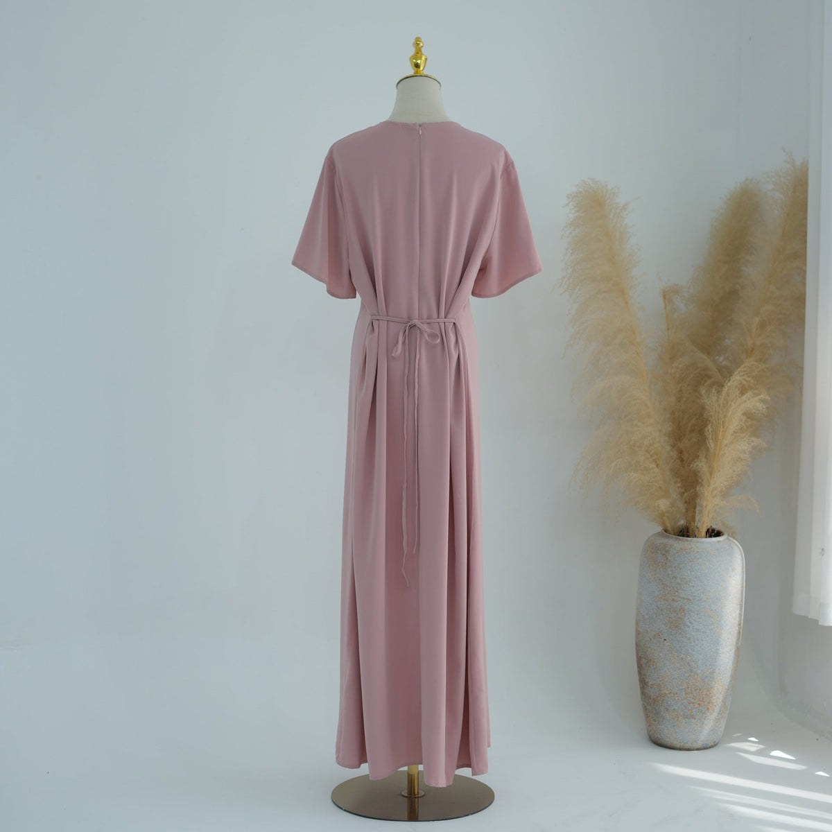 Belted Inner Maxi Dress | Minimalist Mid-Sleeve Layering Dress(MS568) - Mariam's Collection