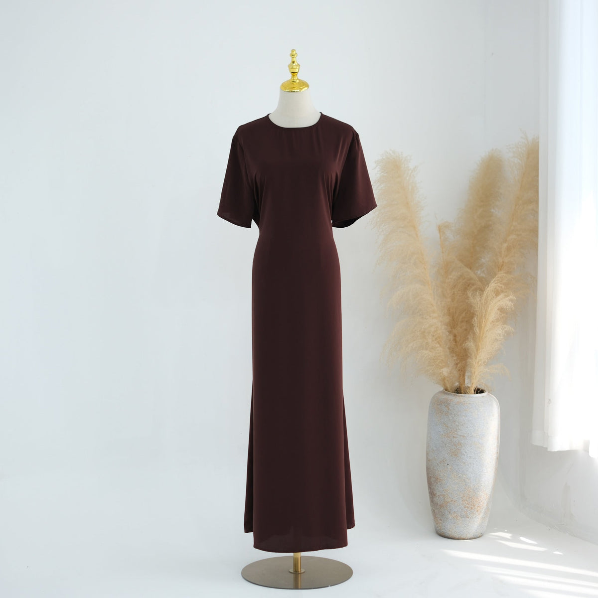Belted Inner Maxi Dress | Minimalist Mid-Sleeve Layering Dress(MS568) - Mariam's Collection