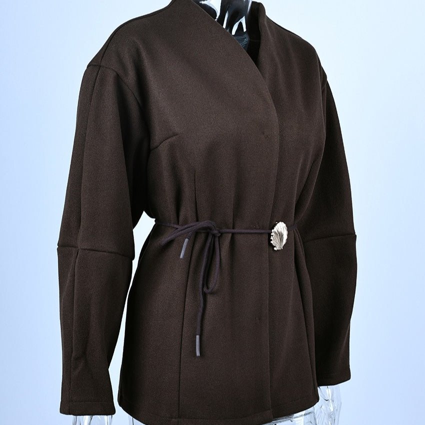 Belted Wool Coat with Shell Brooch(MS255) - Mariam's Collection