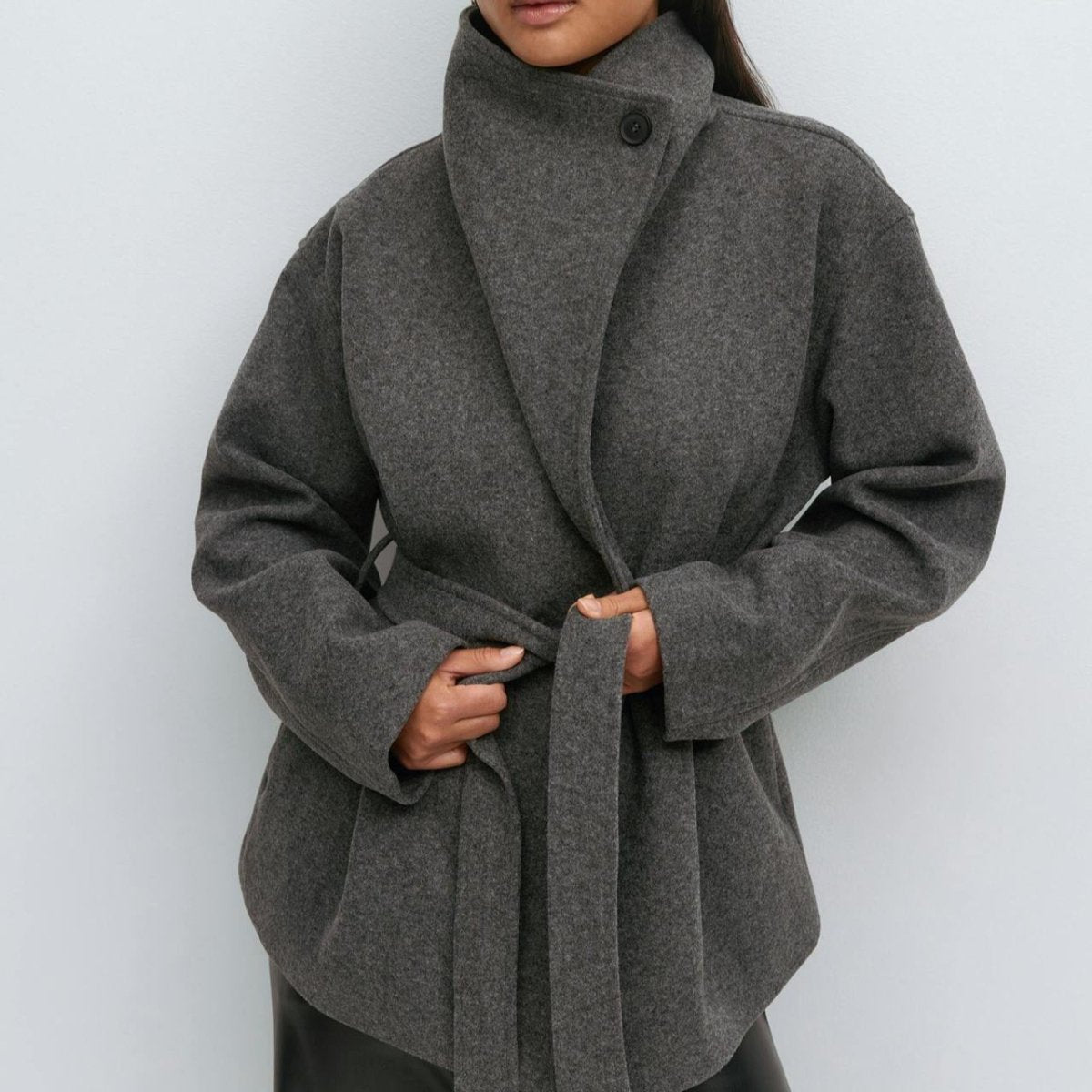 Belted Wrap Coat with Wide Collar | Double - Faced Wool Blend Jacket(MS254) - Mariam's Collection