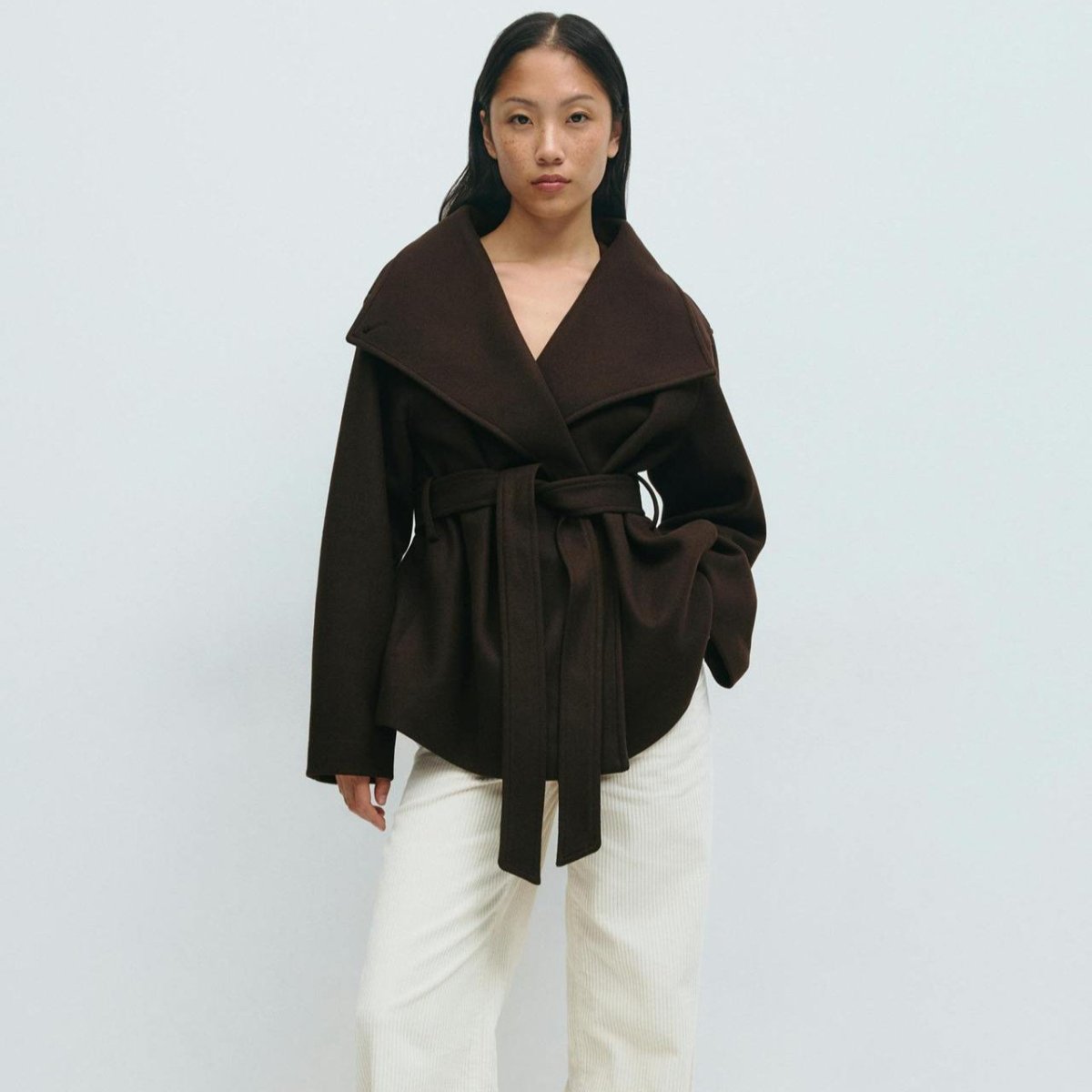 Belted Wrap Coat with Wide Collar | Double - Faced Wool Blend Jacket(MS254) - Mariam's Collection