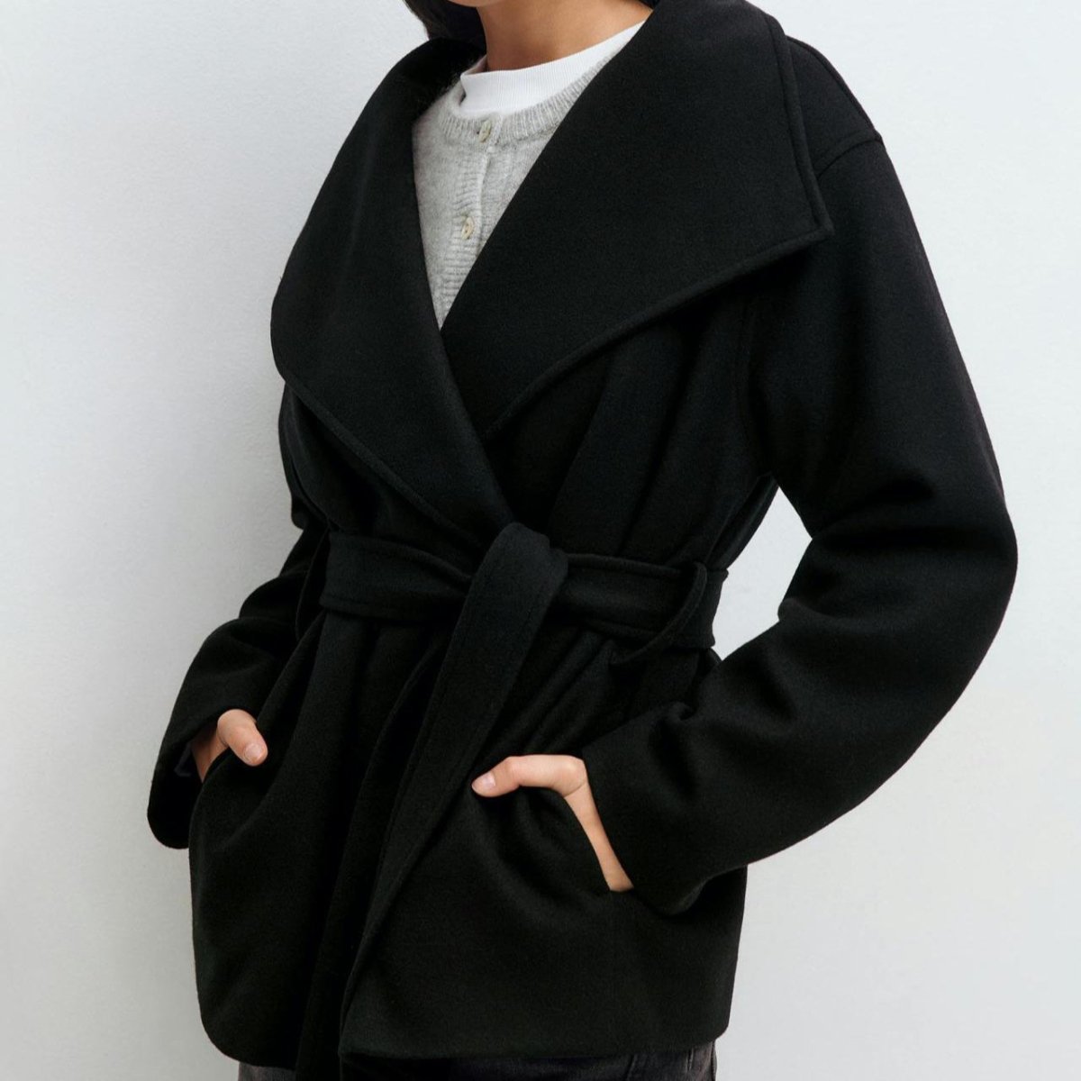 Belted Wrap Coat with Wide Collar | Double - Faced Wool Blend Jacket(MS254) - Mariam's Collection