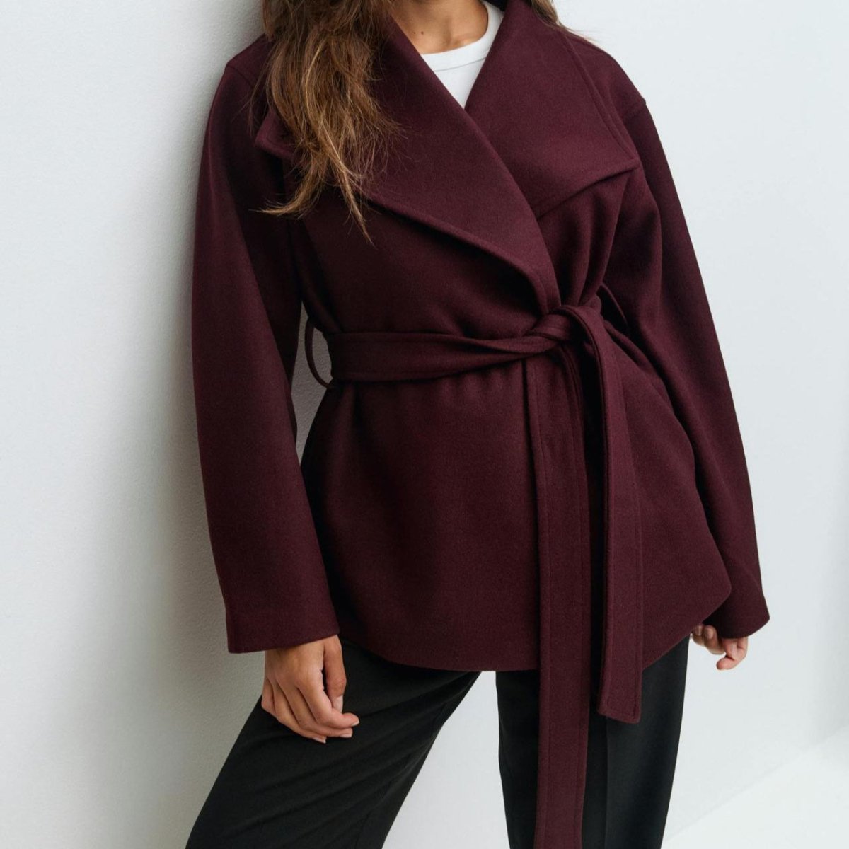 Belted Wrap Coat with Wide Collar | Double - Faced Wool Blend Jacket(MS254) - Mariam's Collection