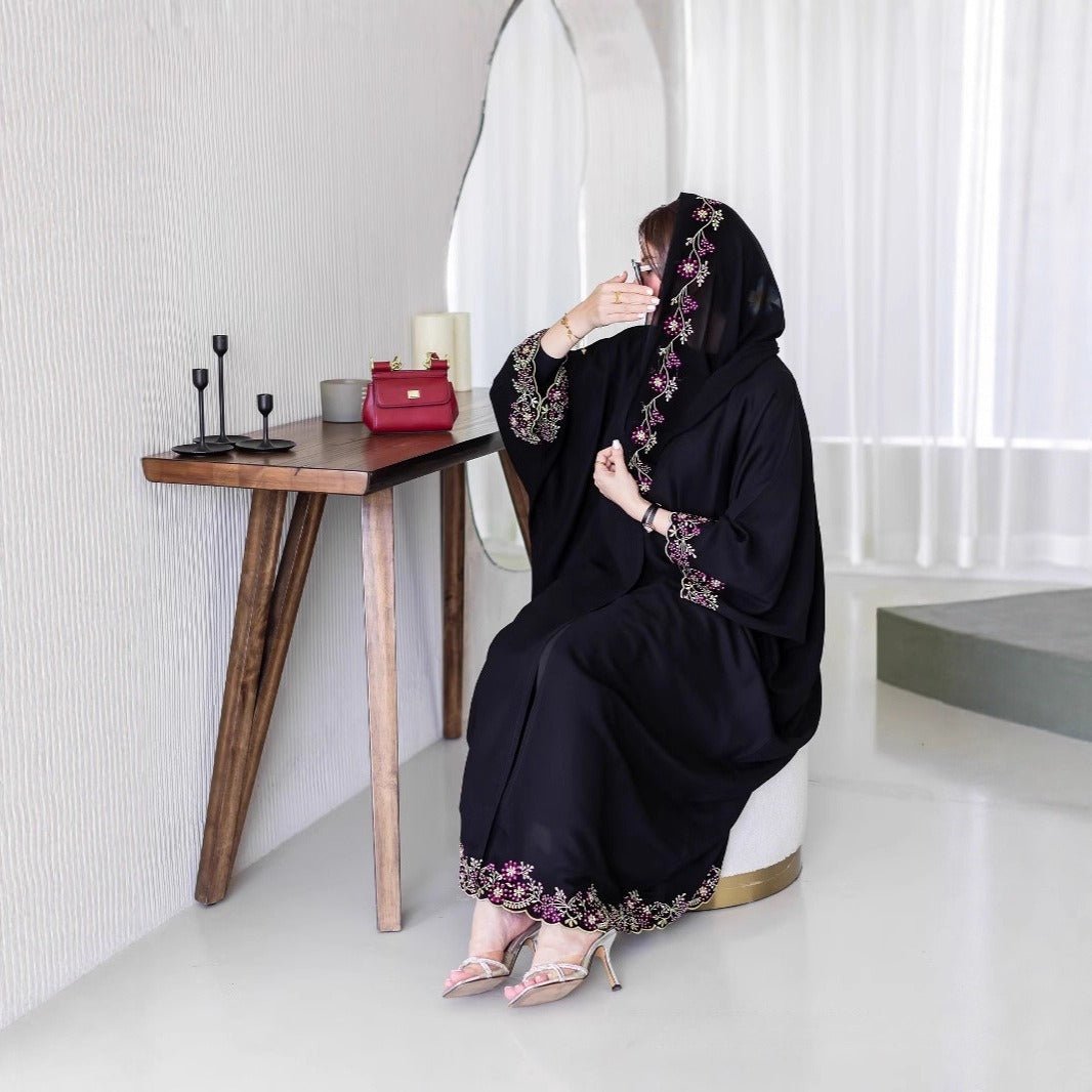 Black Abaya with Embroidered Floral Hijab Set (MOA279) - Mariam's Collection