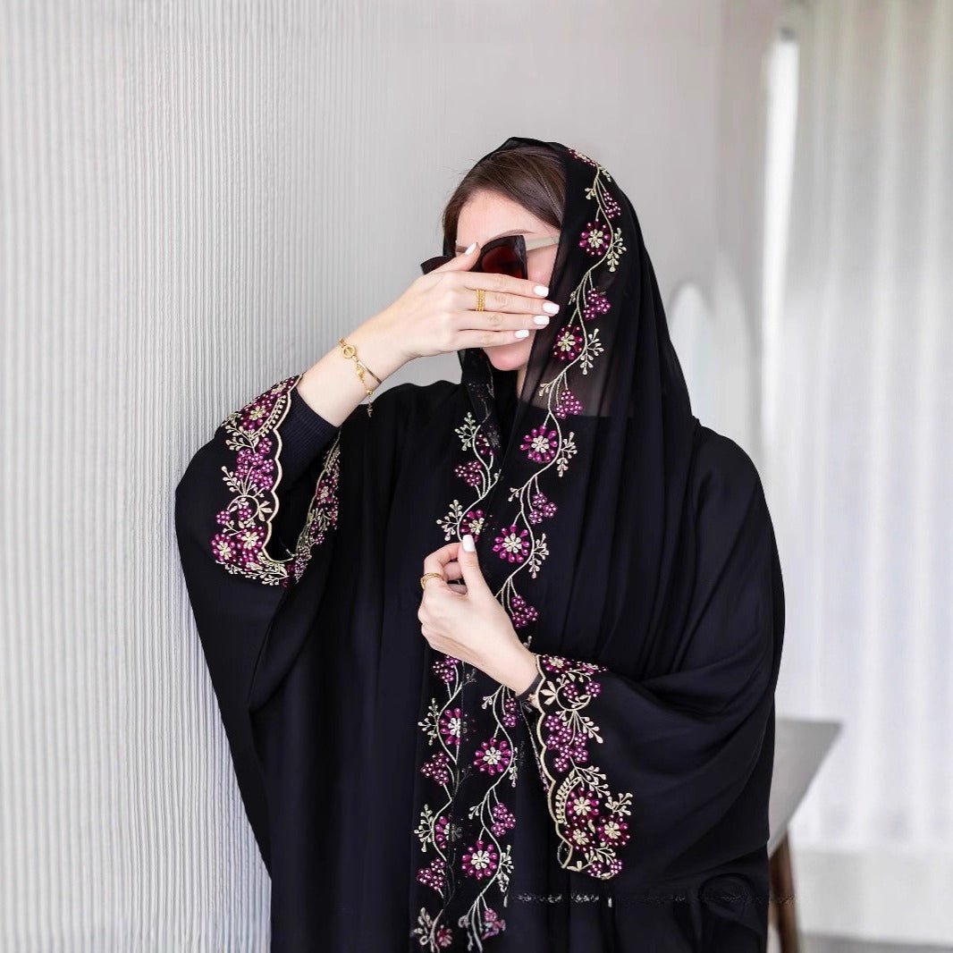 Black Abaya with Embroidered Floral Hijab Set (MOA279) - Mariam's Collection