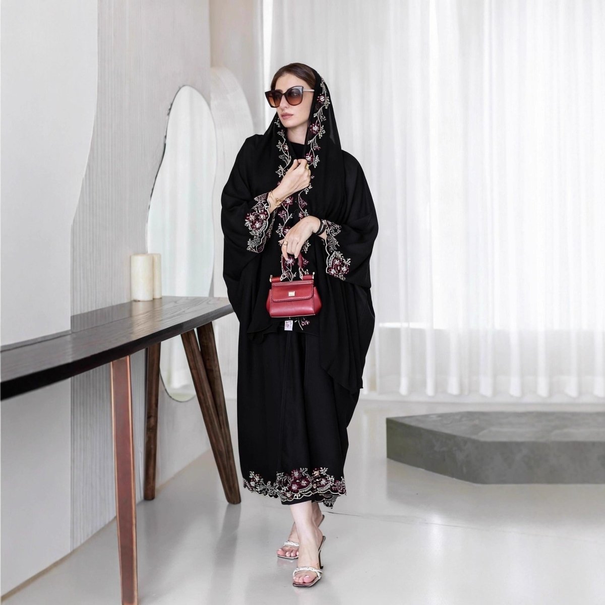 Black Abaya with Embroidered Floral Hijab Set (MOA279) - Mariam's Collection