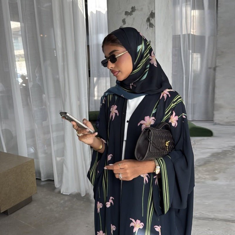 Black Floral Print Abaya Set | Lightweight Breathable Cardigan with Matching Hijab(MOA230) - Mariam's Collection