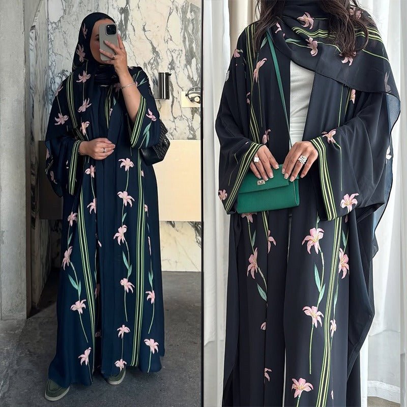 Black Floral Print Abaya Set | Lightweight Breathable Cardigan with Matching Hijab(MOA230) - Mariam's Collection