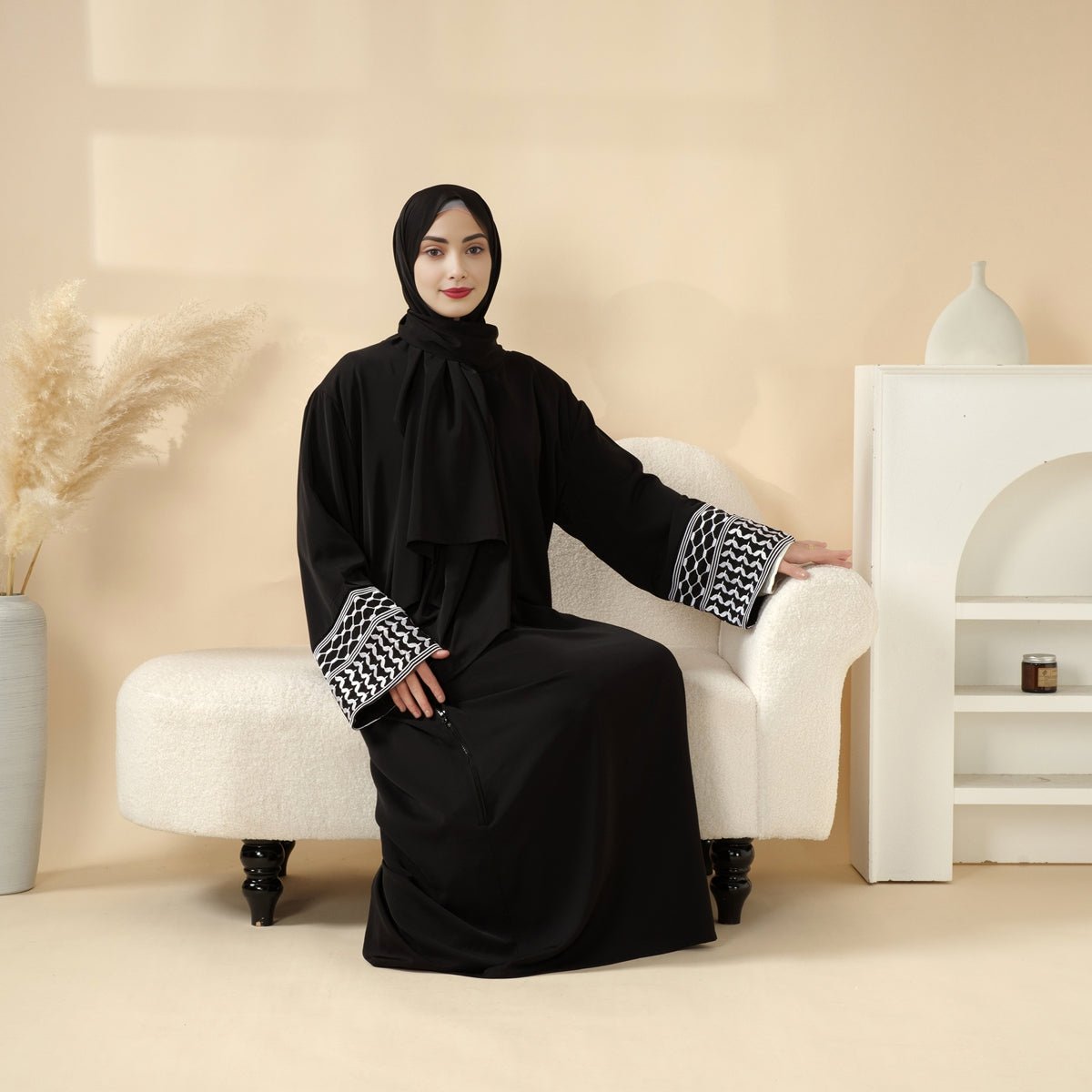 Black Modest Robe with Embroidered Cuffs Portable Pocket Headscarf Dress Abaya.(NA402) - Mariam's Collection