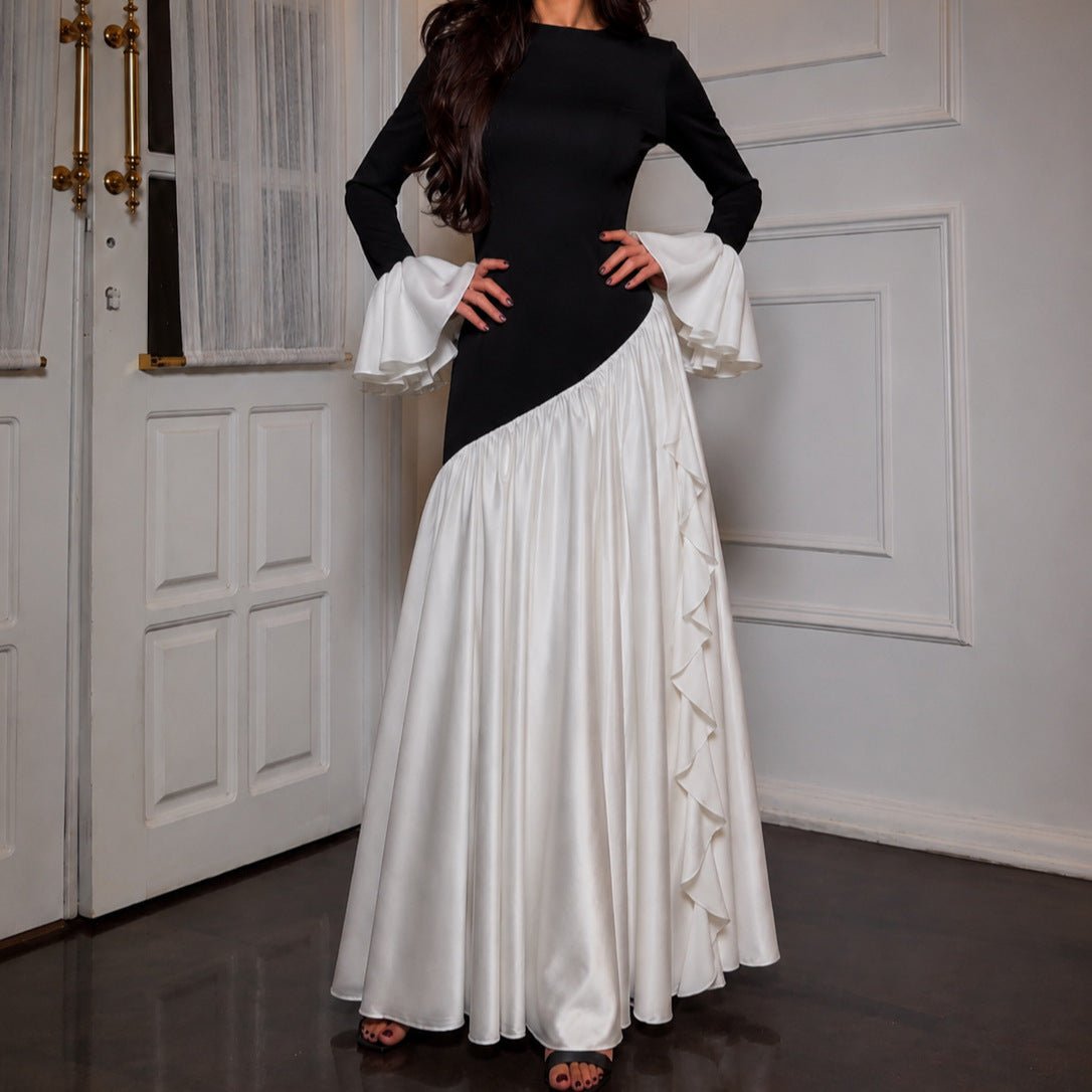 Black & White Colour-Block Ruffle Cuff Maxi Dress(MS509) - Mariam's Collection