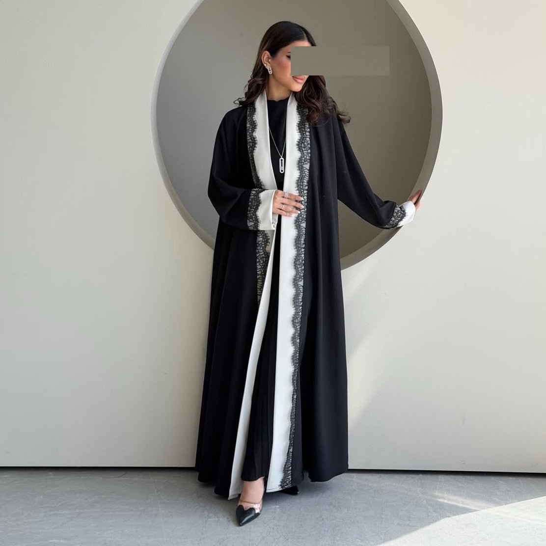 Black & White Lace Trim Open Abaya(MOA311) - Mariam's Collection