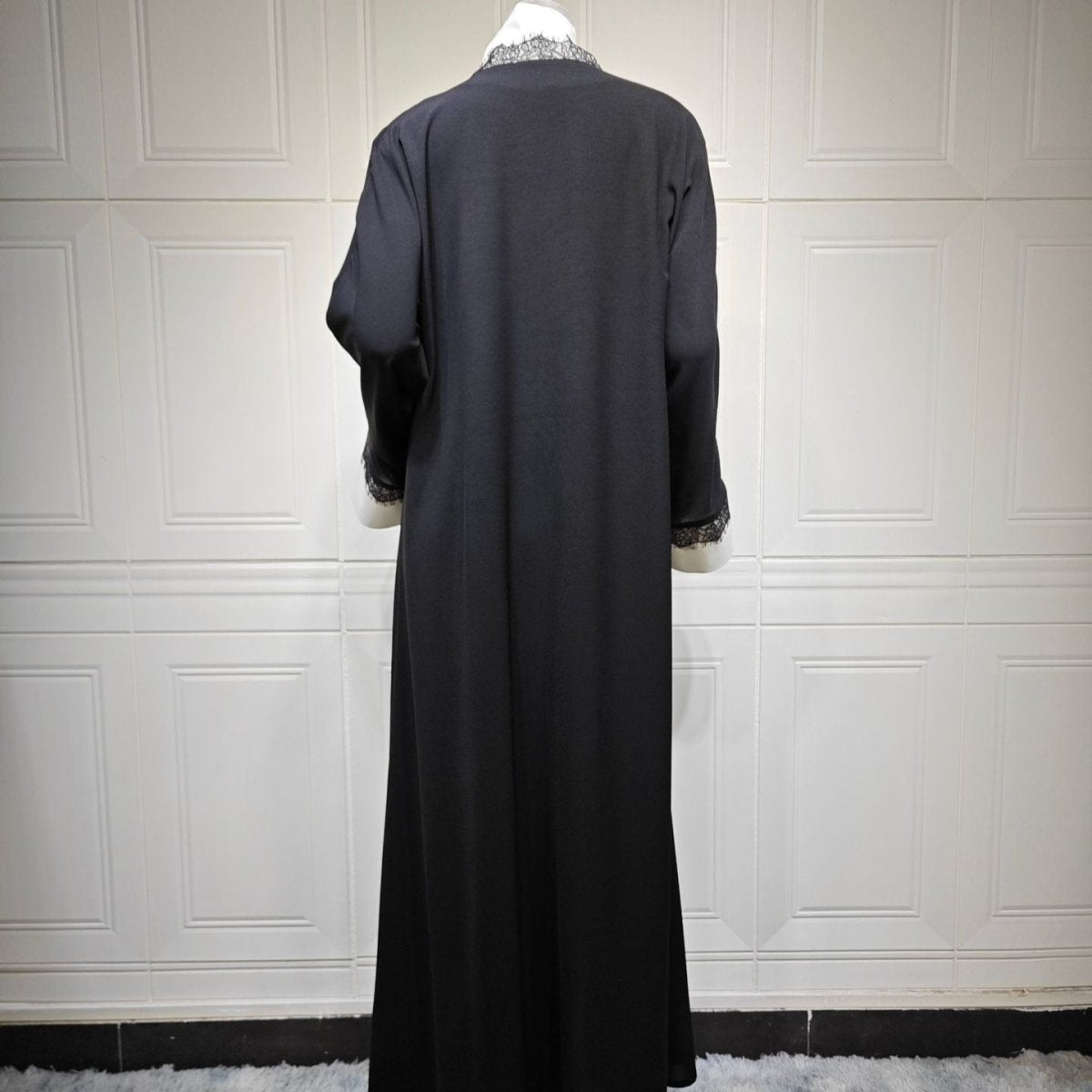 Black & White Lace Trim Open Abaya(MOA311) - Mariam's Collection