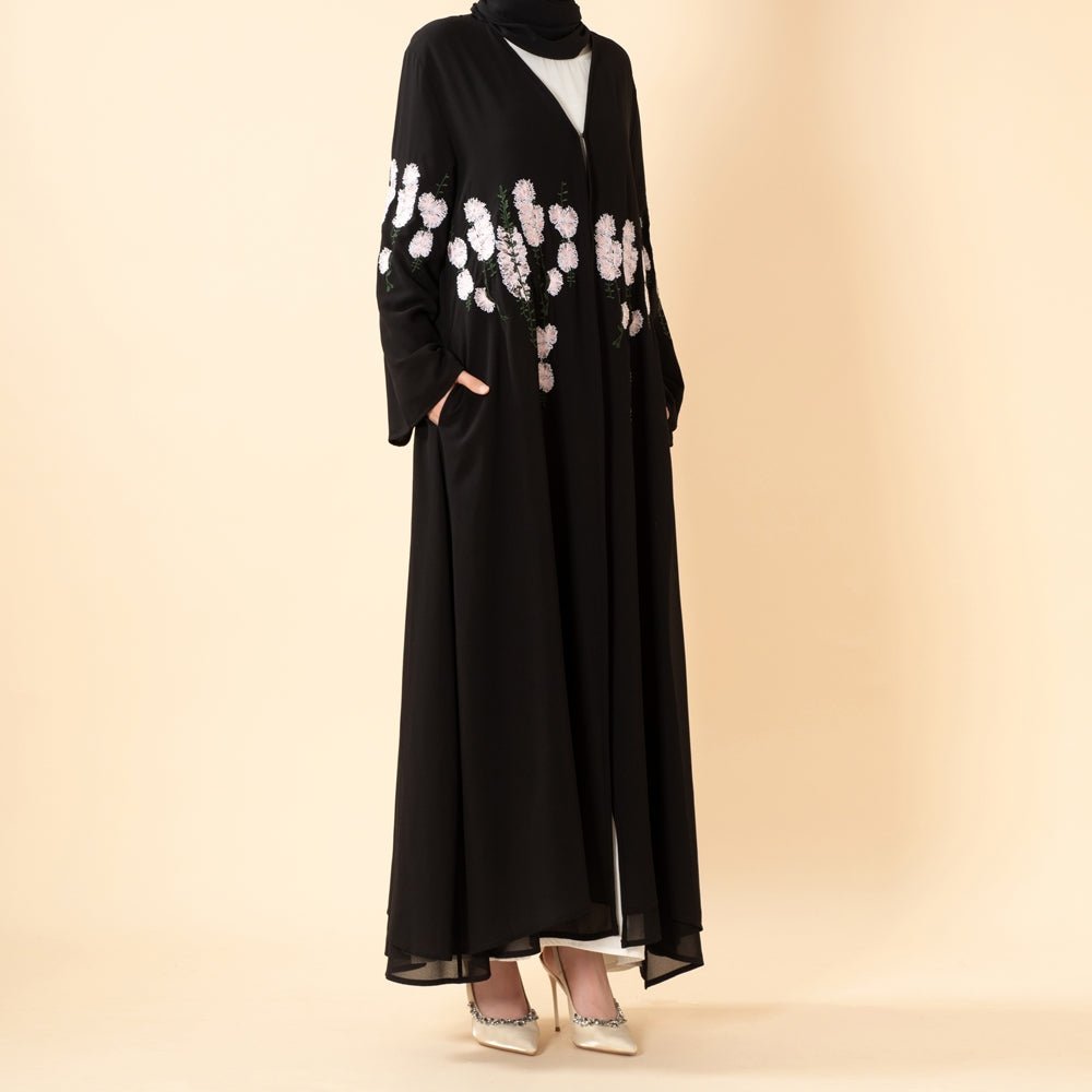 Bloom Embroidered Layered Chiffon Open Abaya(MOA308) - Mariam's Collection