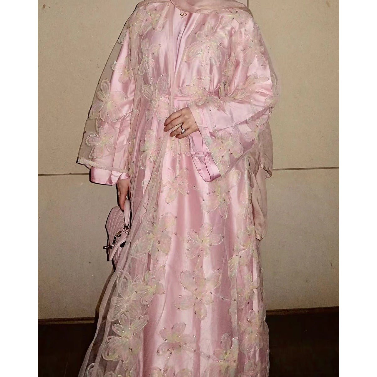 Blossom Embroidered Modest Luxury Abaya Cardigan Set | Pink 3D Floral Sheer Cover - Up with Matching Inner Dress. (MOA173) - Mariam's Collection
