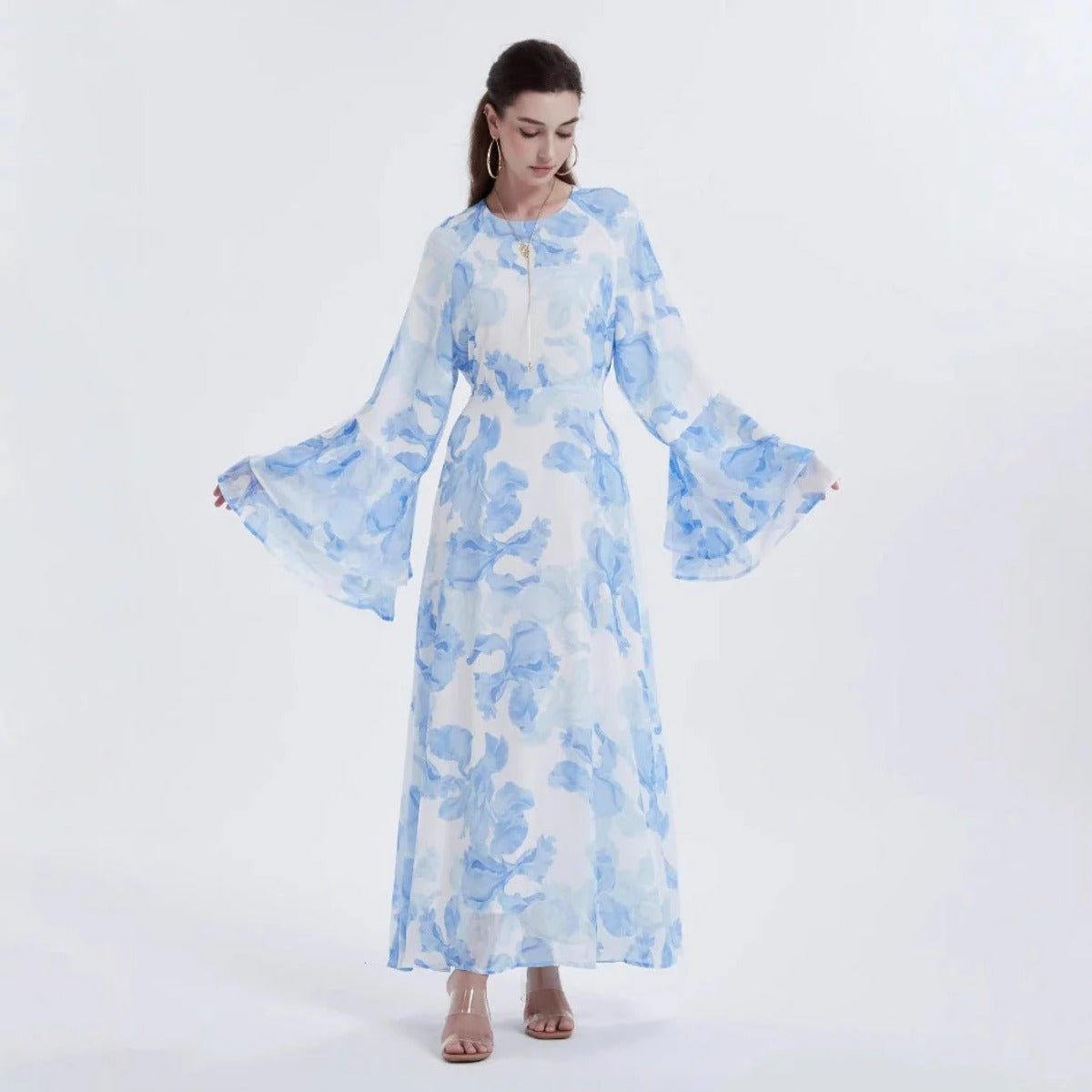 Blossom Printed Chiffon Abaya | Flared Sleeve Abaya (MA149) - Mariam's Collection