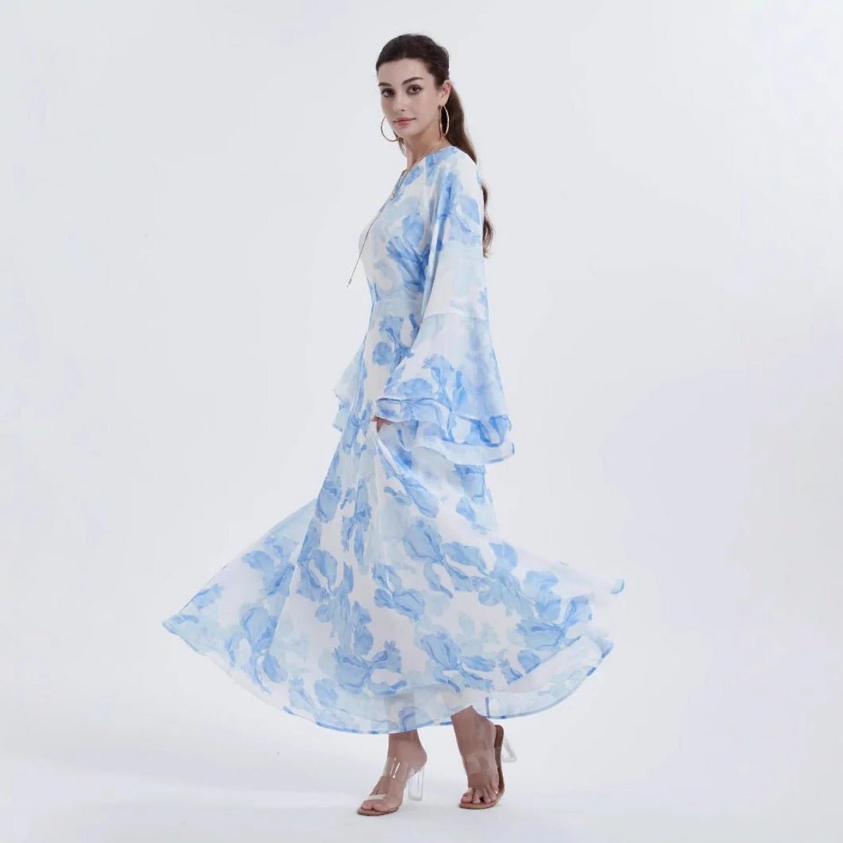 Blossom Printed Chiffon Abaya | Flared Sleeve Abaya (MA149) - Mariam's Collection