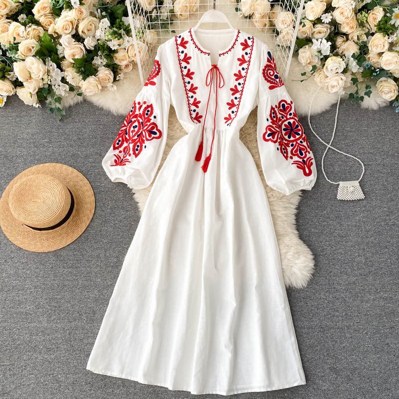 Alternative colourway of bohemian embroidered linen maxi dress — full-length view