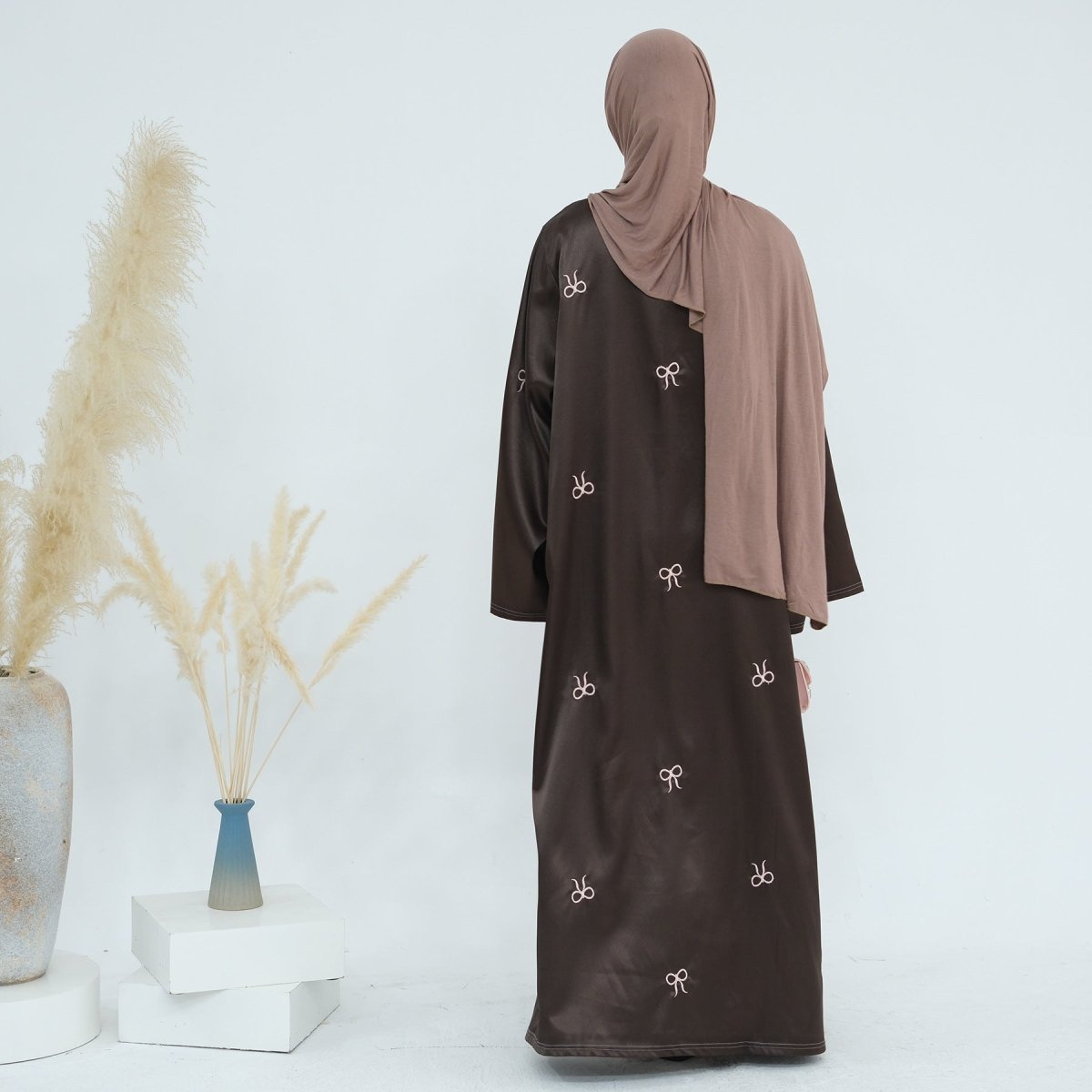 Bow Embroidered Glossy Open Abaya (MOA102) - Mariam's Collection