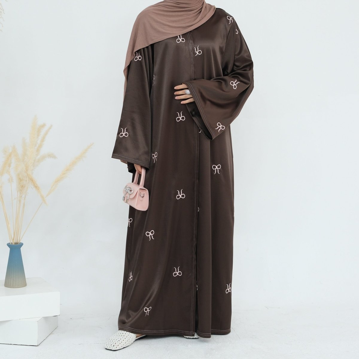 Bow Embroidered Glossy Open Abaya (MOA102)