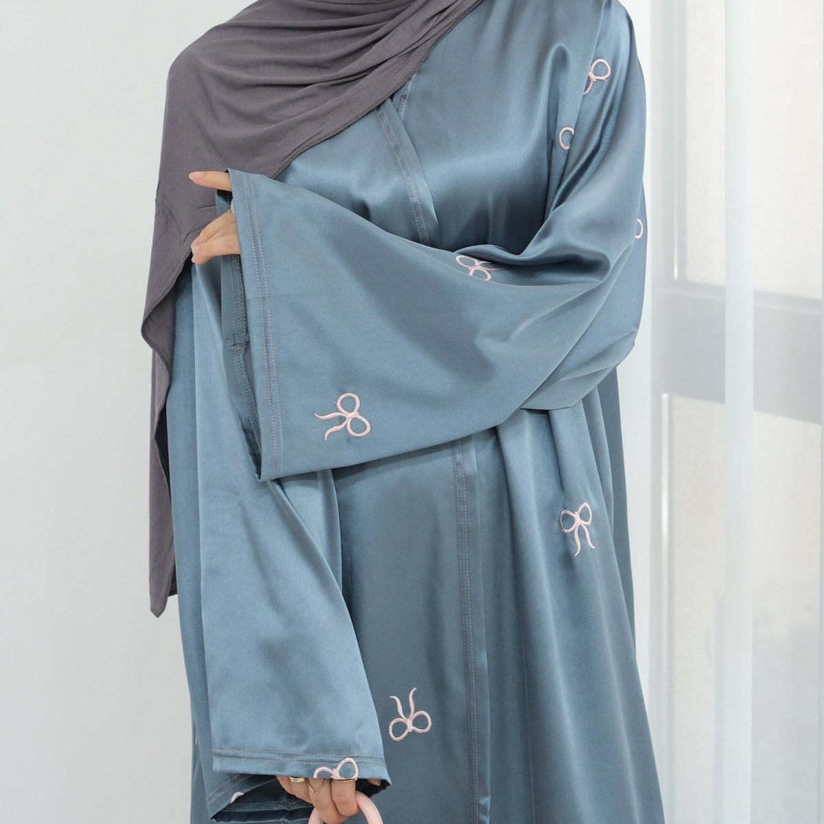 Bow Embroidered Glossy Open Abaya (MOA102) - Mariam's Collection