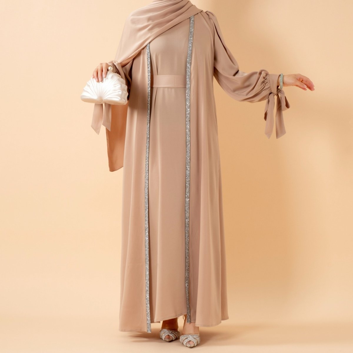 Bow Tie Sleeve Abaya Set With Long - sleeve Inner Dress (MOA026) - Mariam's Collection