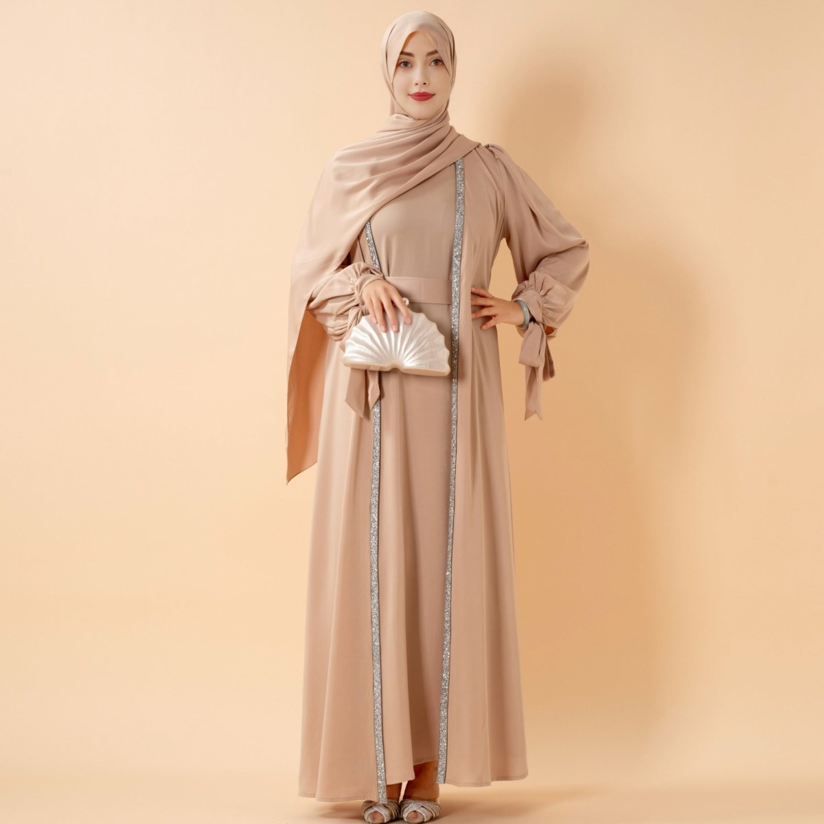 Bow Tie Sleeve Abaya Set With Long - sleeve Inner Dress (MOA026) - Mariam's Collection