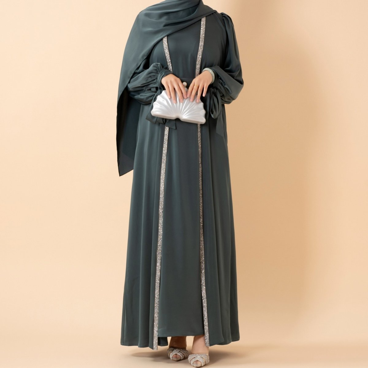 Bow Tie Sleeve Abaya Set With Long - sleeve Inner Dress (MOA026) - Mariam's Collection