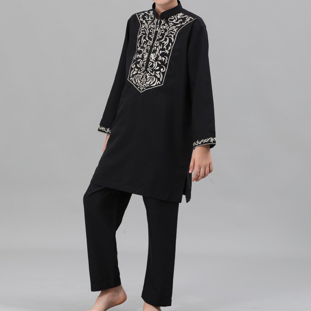 Boys Black Embroidered Tunic & Pants Set (MKB021) - Mariam's Collection
