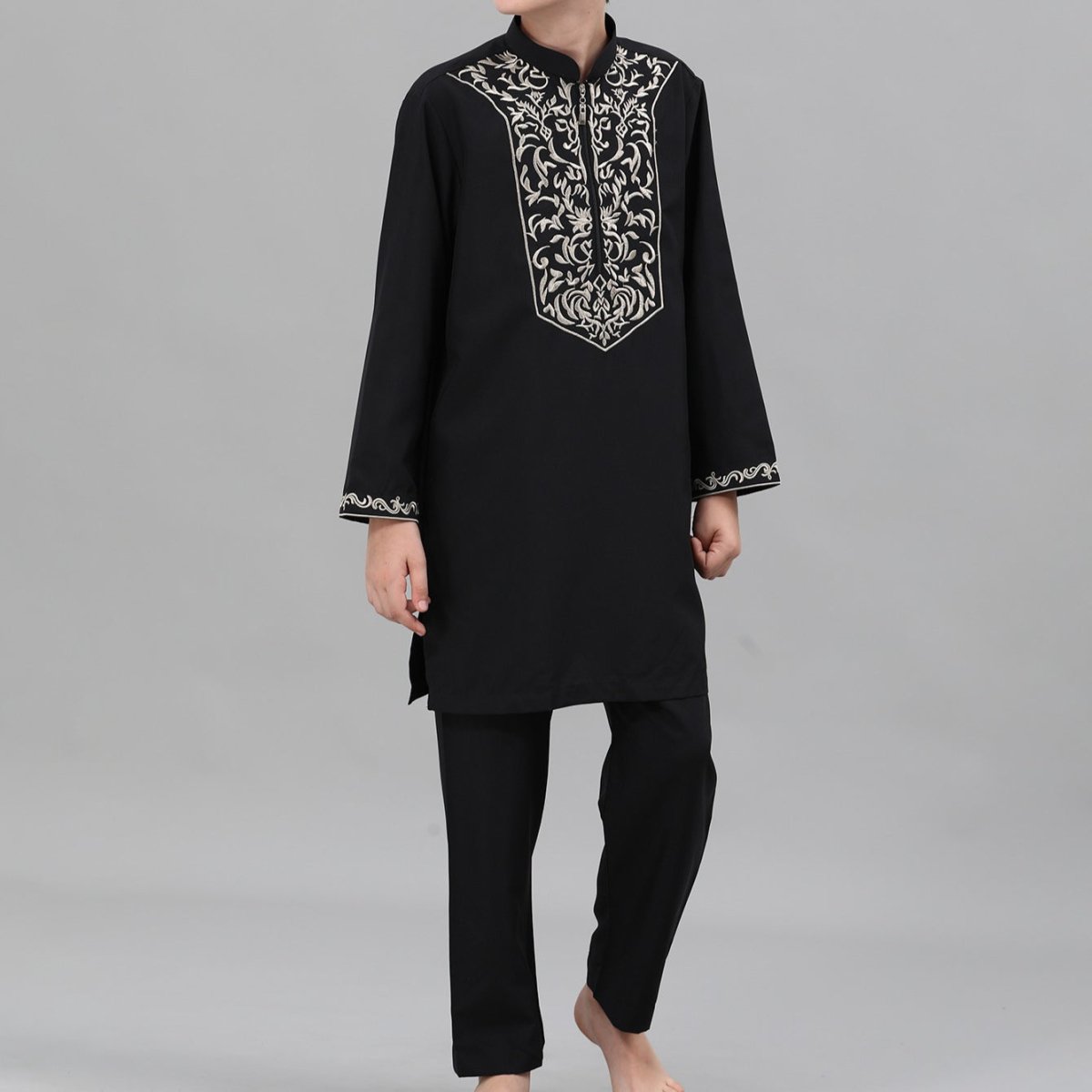 Boys Black Embroidered Tunic & Pants Set (MKB021) - Mariam's Collection