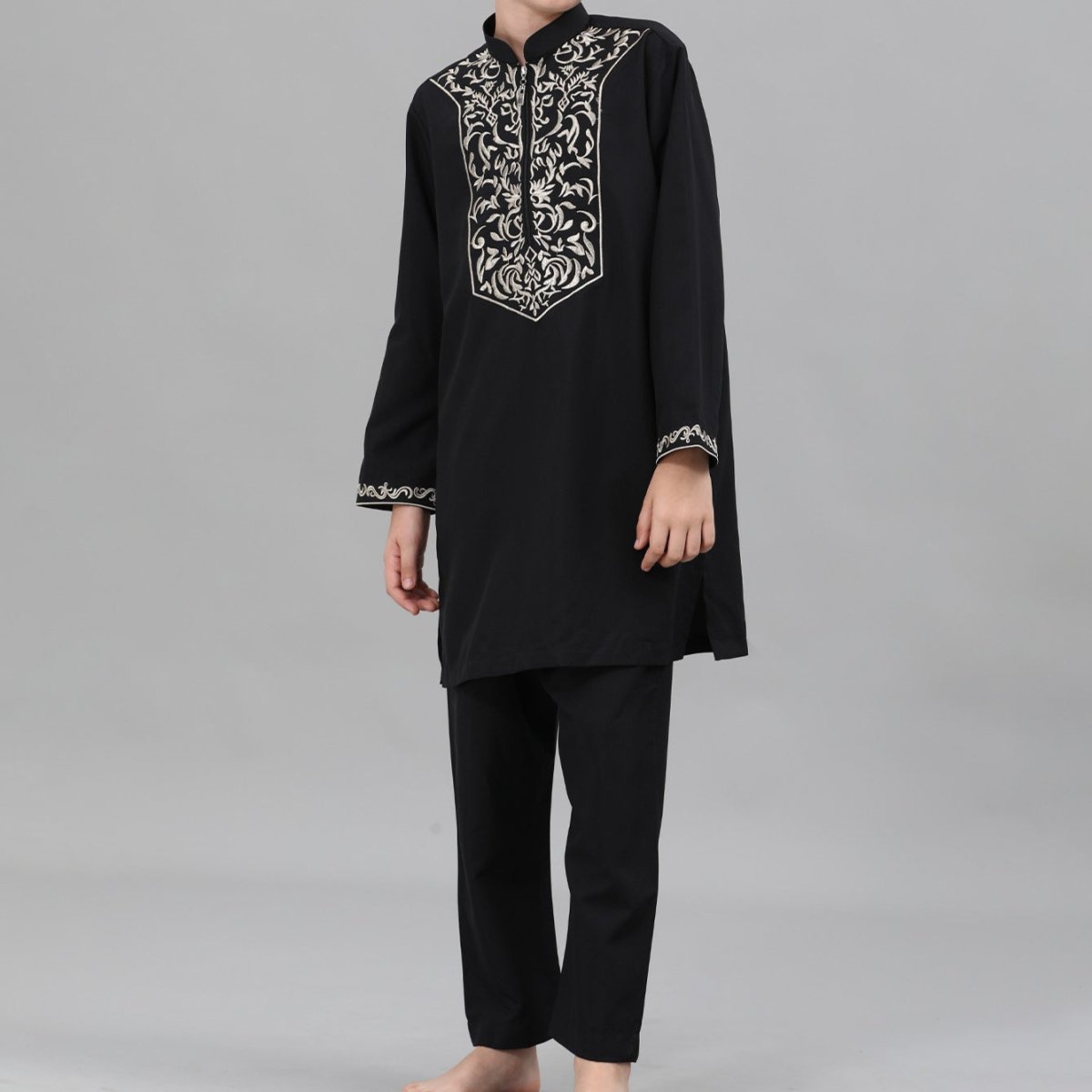 Boys Black Embroidered Tunic & Pants Set (MKB021) - Mariam's Collection