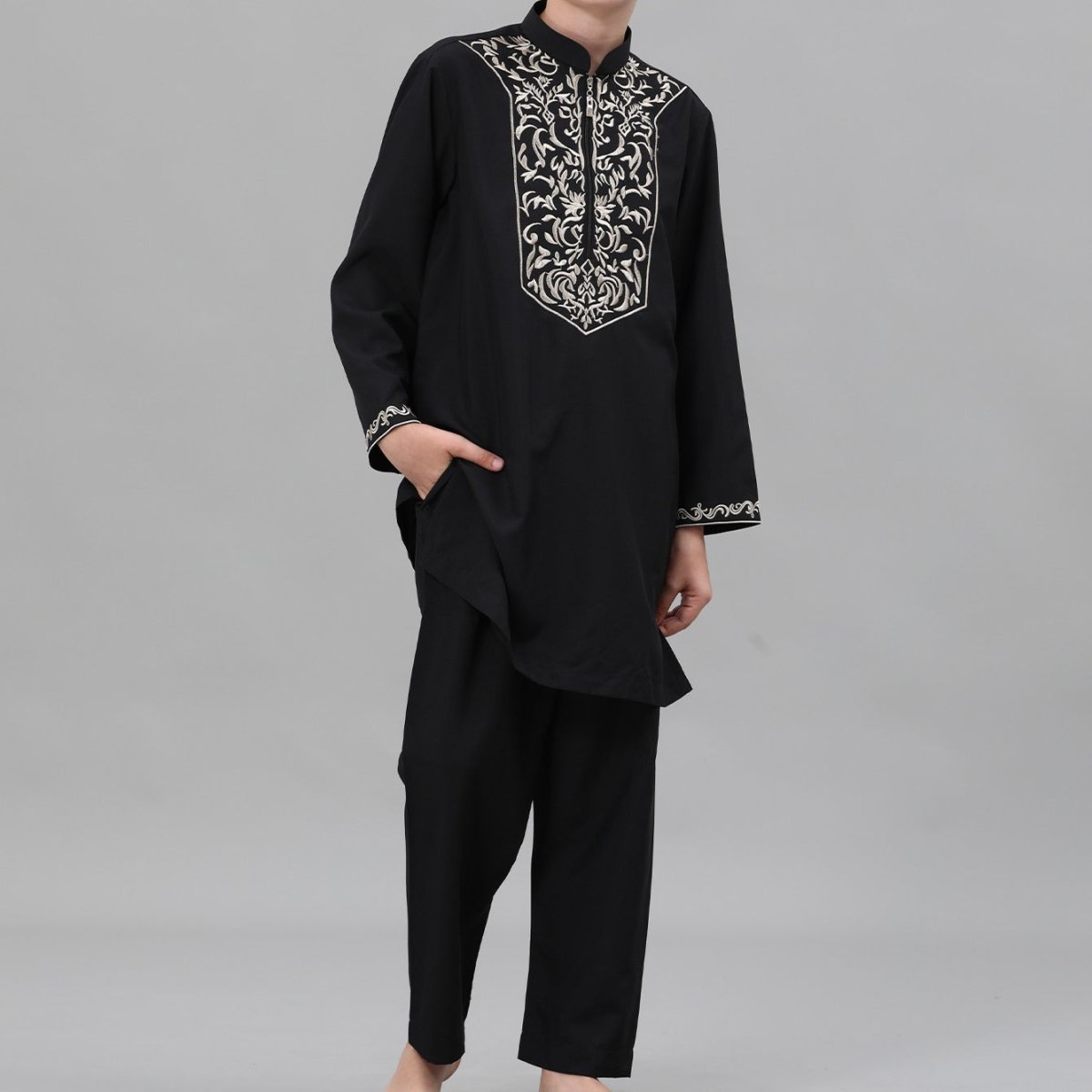 Boys Black Embroidered Tunic & Pants Set (MKB021) - Mariam's Collection