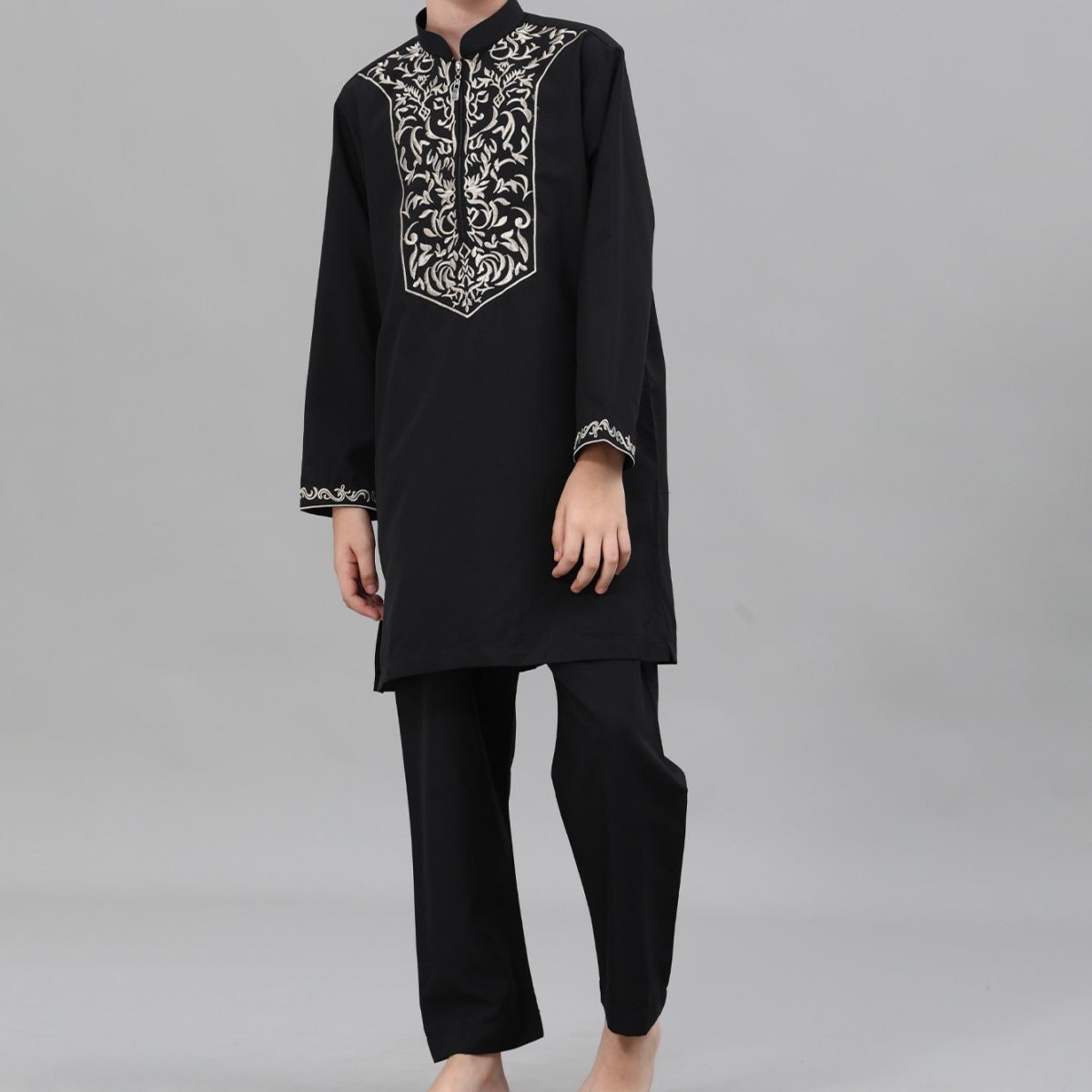 Boys Black Embroidered Tunic & Pants Set (MKB021) - Mariam's Collection
