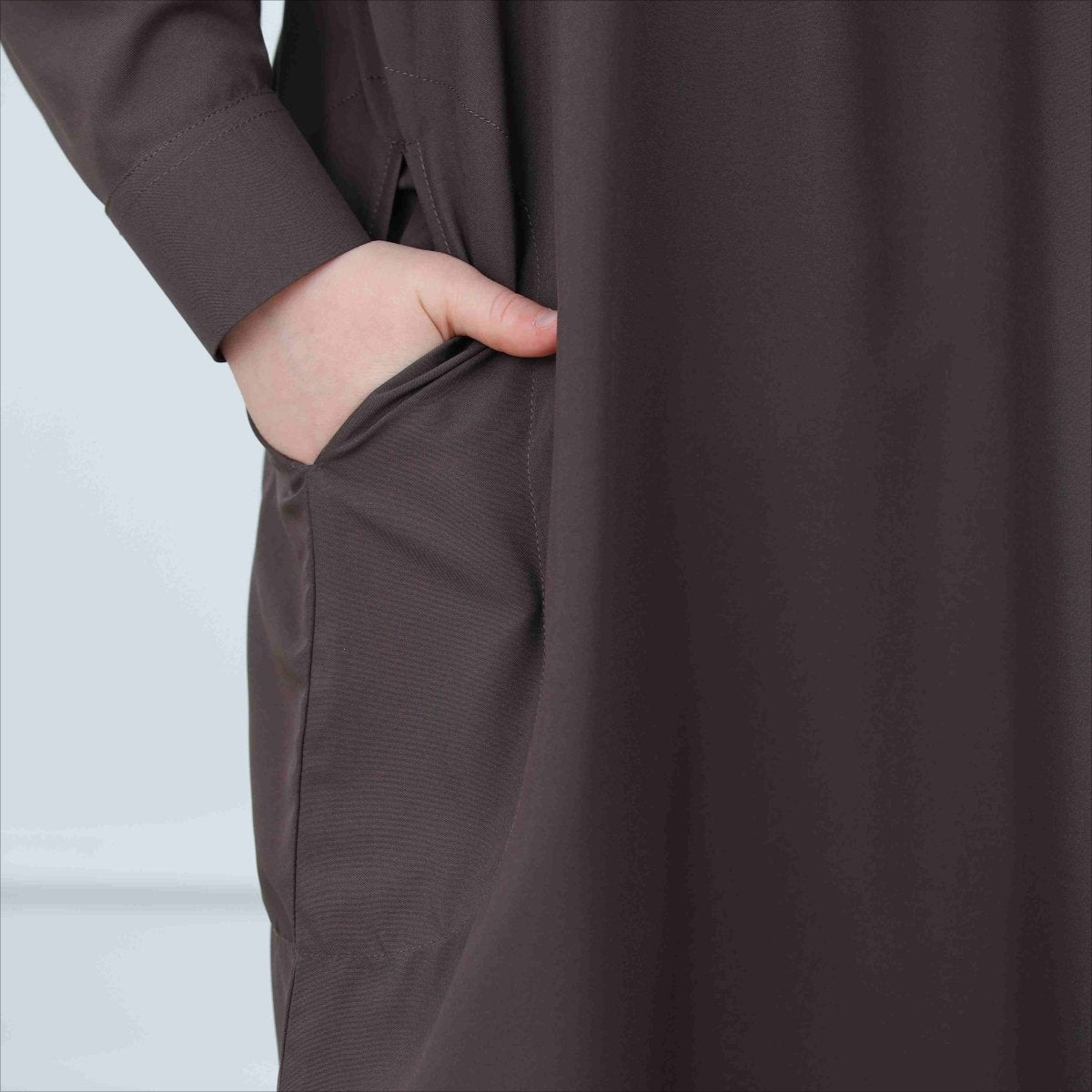 Back view of ankle-length boys classic thobe in chocolate brown