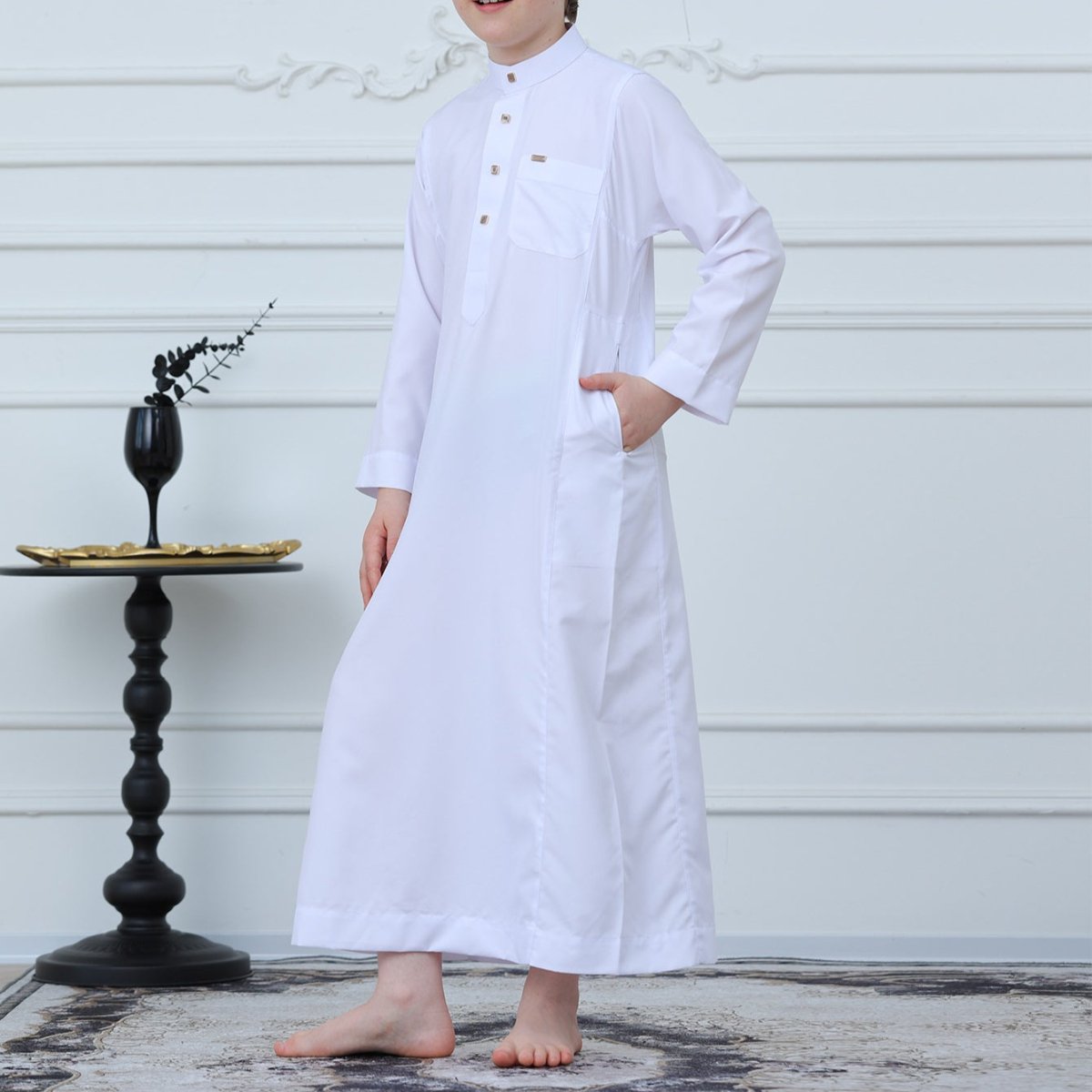 Boys' Classic White Thobe with Stand Collar(MKB027) - Mariam's Collection