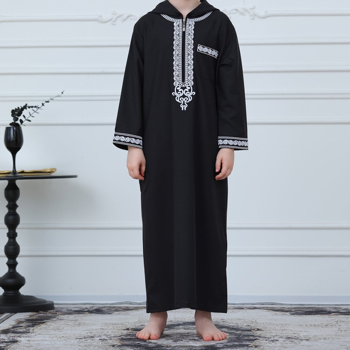 Boys Embroidered Hooded Thobe with Pockets(MKB010) - Mariam's Collection