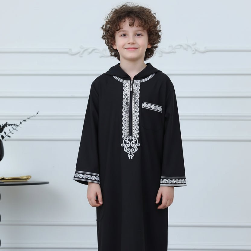 Boys Embroidered Hooded Thobe with Pockets(MKB010) - Mariam's Collection