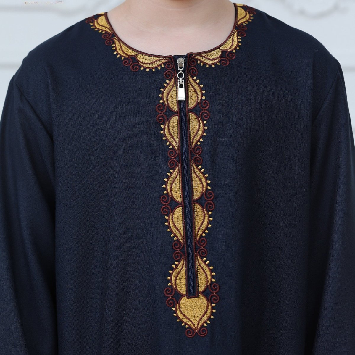 Boys Embroidered Thobe with Gold Trim(MKB017) - Mariam's Collection