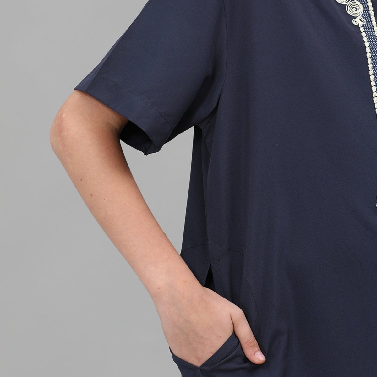 Boys' Embroidered Thobe with Ornate Neckline(MKB036) - Mariam's Collection