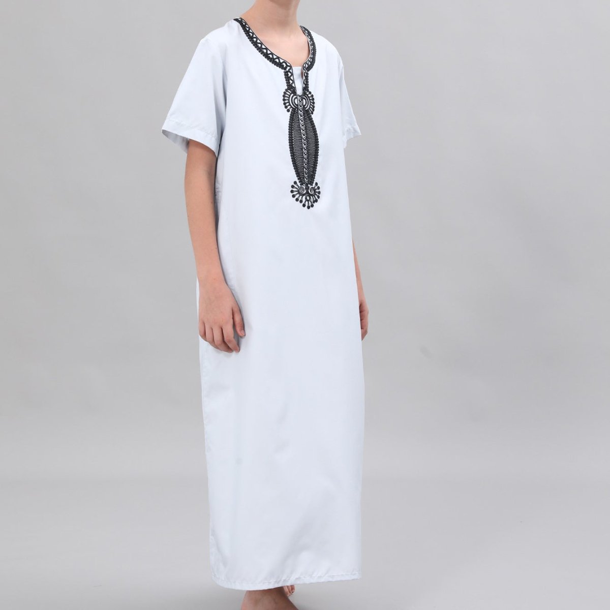 Boys' Embroidered Thobe with Ornate Neckline(MKB036) - Mariam's Collection