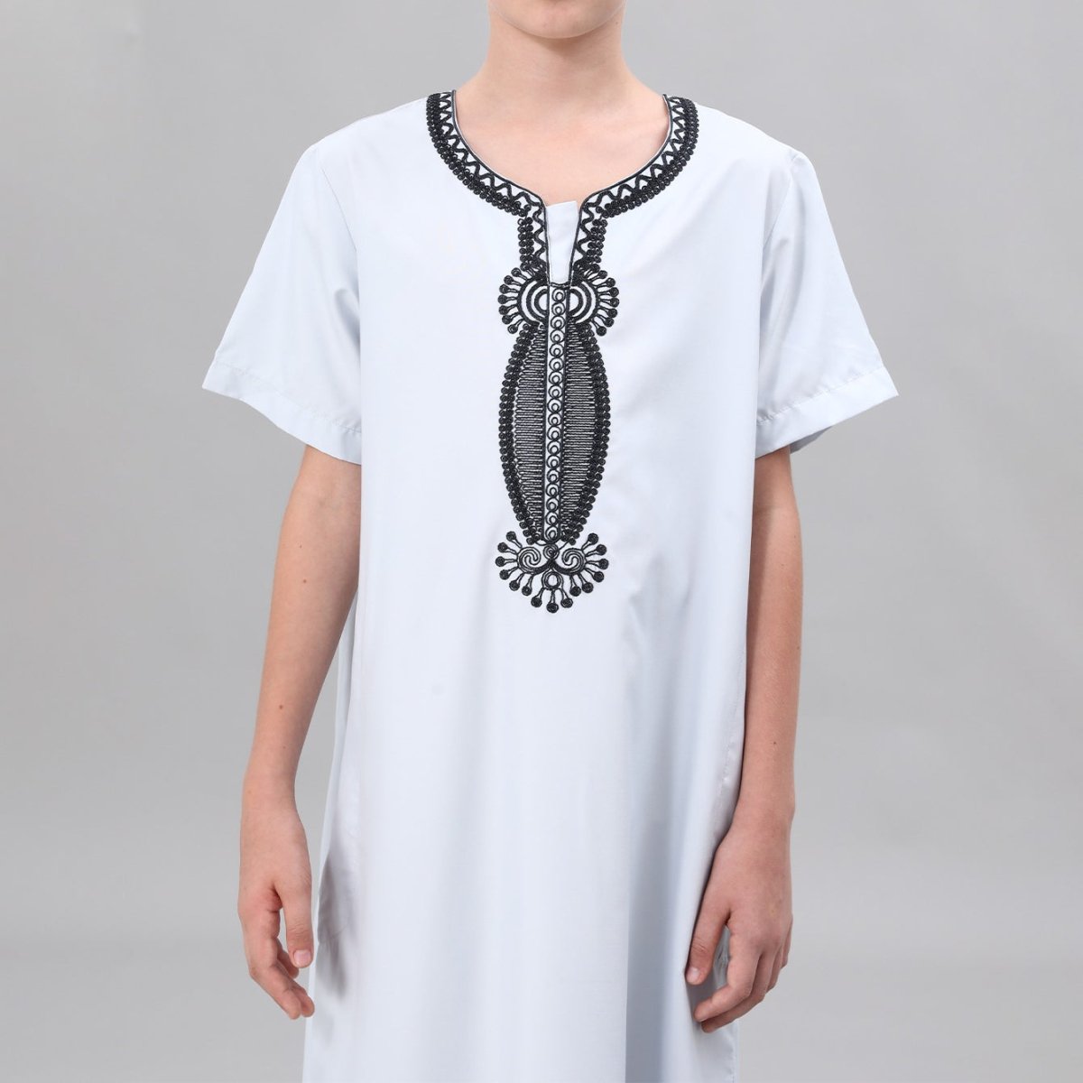 Boys' Embroidered Thobe with Ornate Neckline(MKB036) - Mariam's Collection