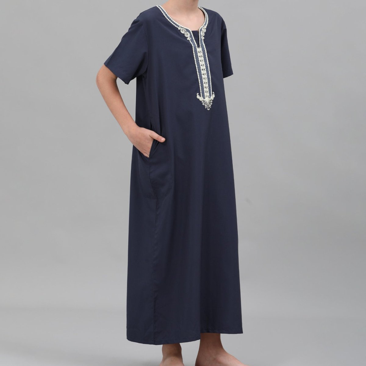 Boys' Embroidered Thobe with Ornate Neckline(MKB036) - Mariam's Collection