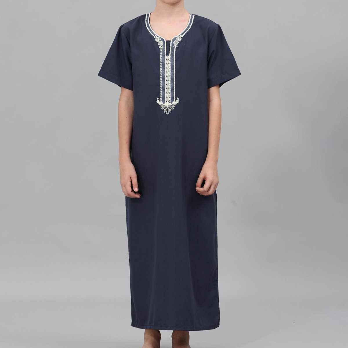 Boys' Embroidered Thobe with Ornate Neckline(MKB036) - Mariam's Collection