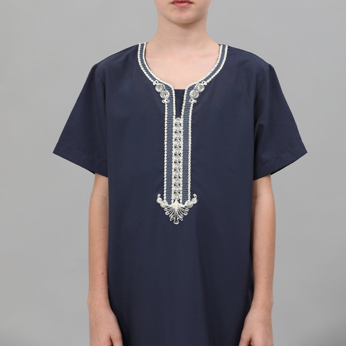 Boys' Embroidered Thobe with Ornate Neckline(MKB036) - Mariam's Collection