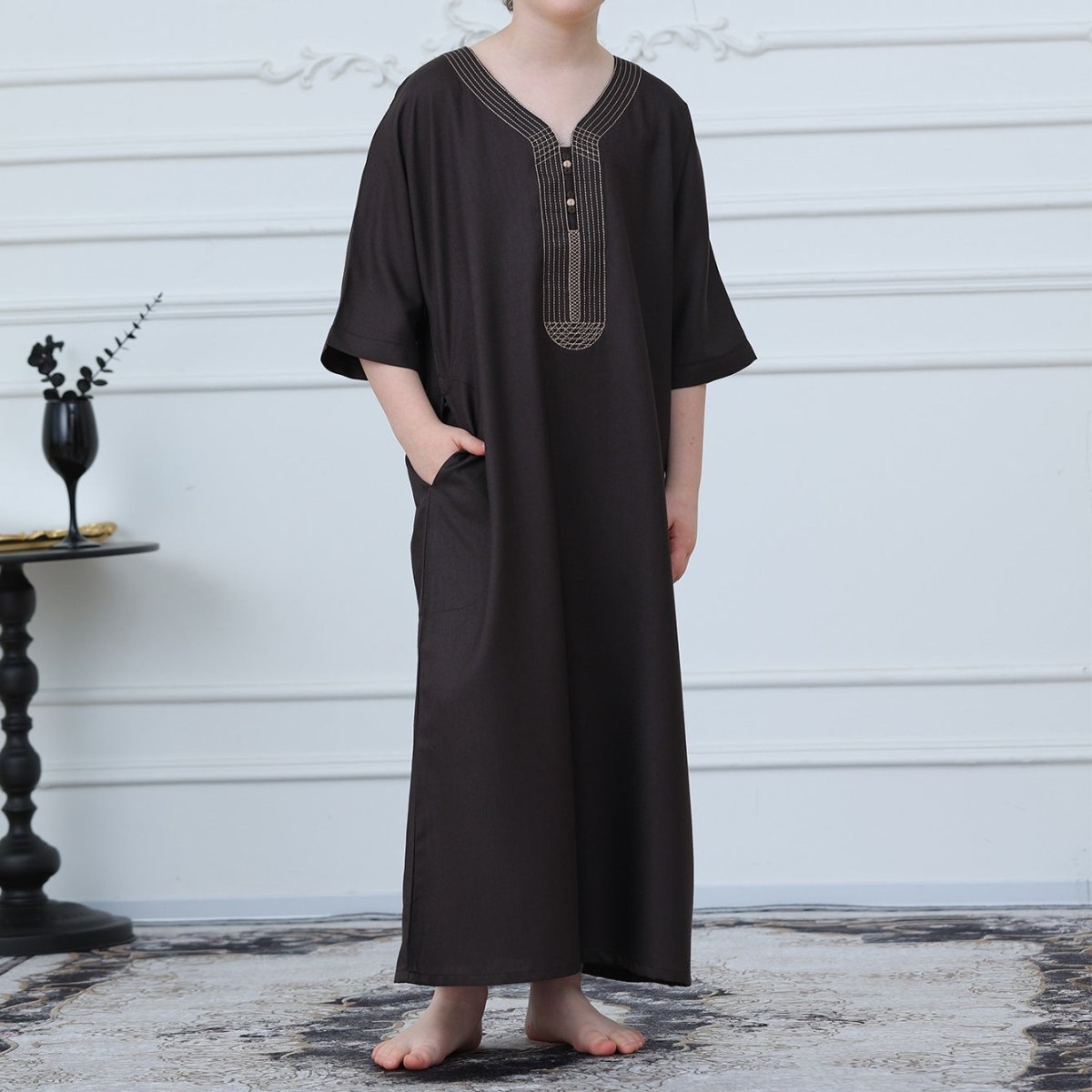 Boys Embroidered Thobe with Pockets – Kids Eid Thobe
