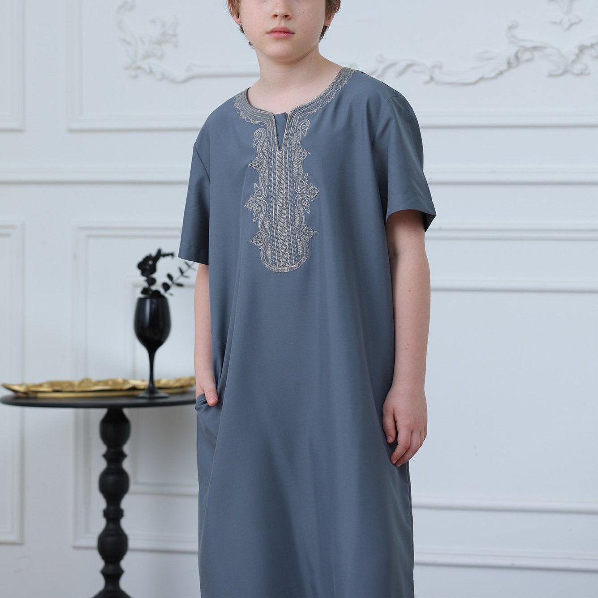 Boys' Embroidered Thobe with Side Pockets(MKB029) - Mariam's Collection