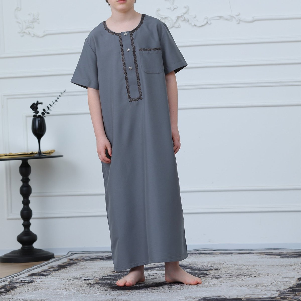 Boys' Embroidered Thobe with Side Pockets(MKB031) - Mariam's Collection